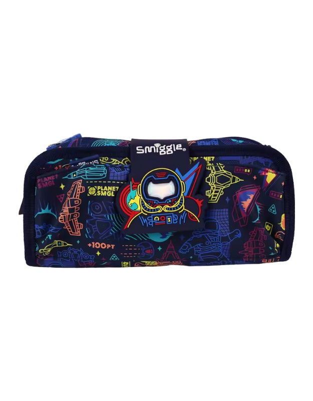Smiggle Astronaut hardtop pencil case for kids, featuring a 3D space-themed design. The blue pencil case is shown from the front with a glossy finish.